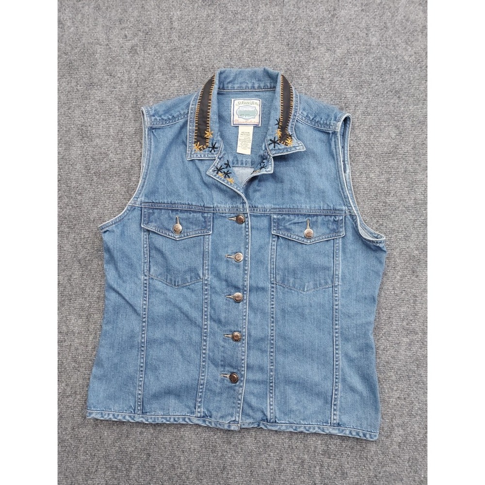 Vtg St Johns Bay‎ Denim Vest Womens Medium Blue Embroidered Western Button Front
